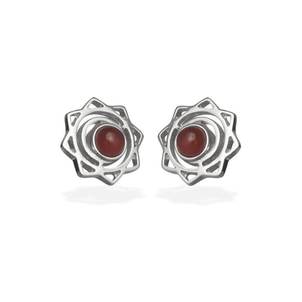 FIYAH silver sacral chakra earrings on a white background