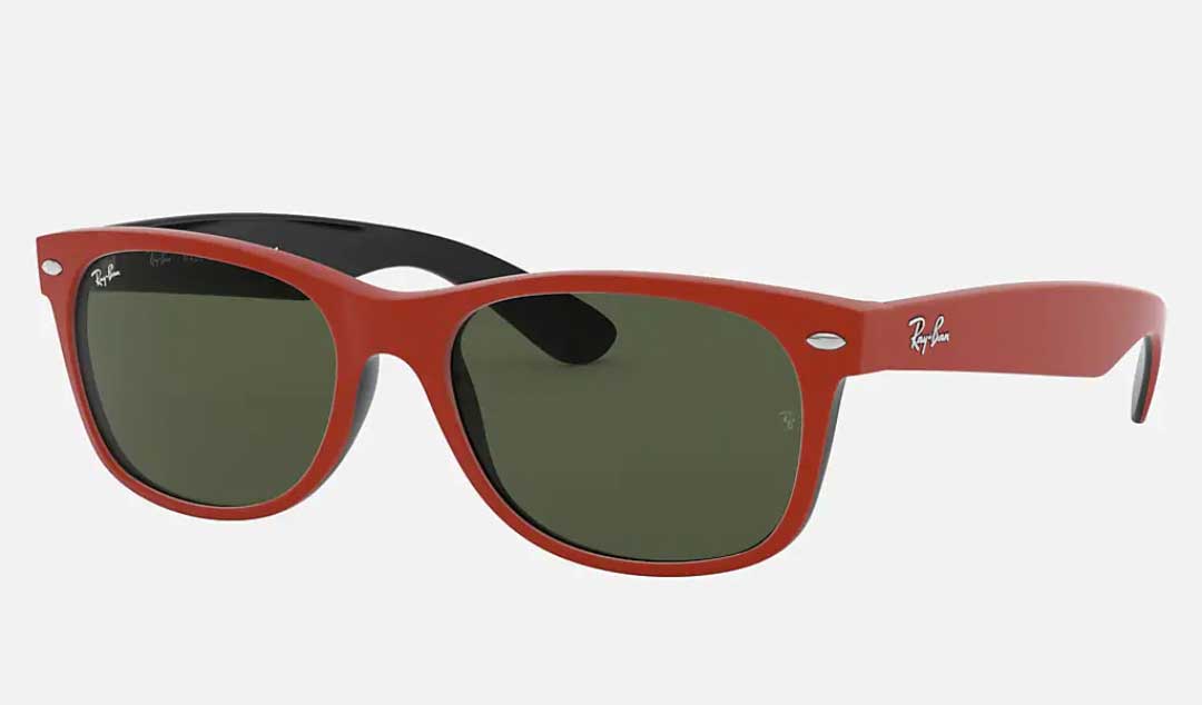 A pair of red RayBan Wayfarer sunglasses