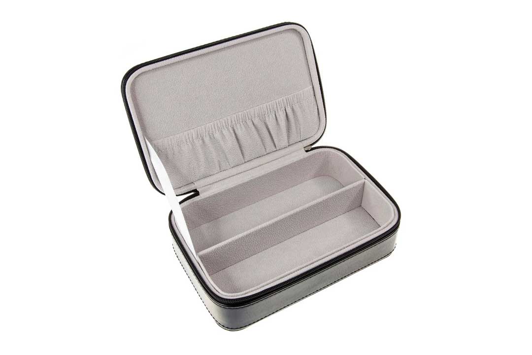 A zip enclosure sunglasses travel case with a grey interior lining
