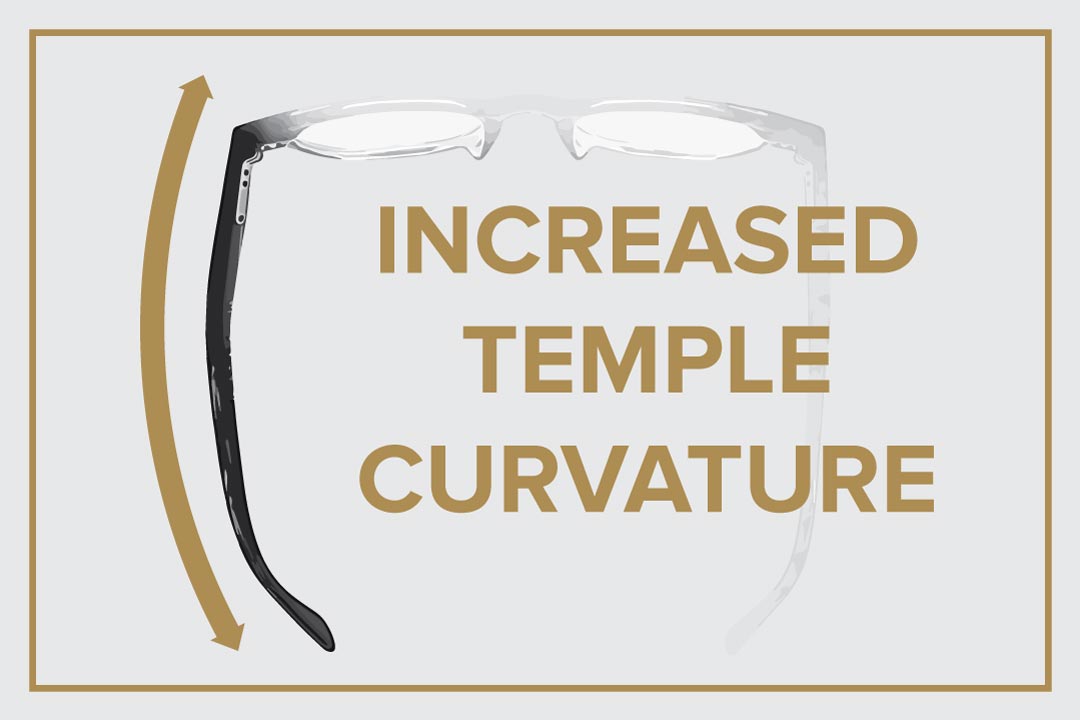 Aerial illustration of an Asian fit sunglasses frame with increased temple curvature