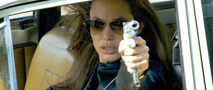Angelina Jolie Wearing Oliver Peoples Strummer Sunglasses in Wanted