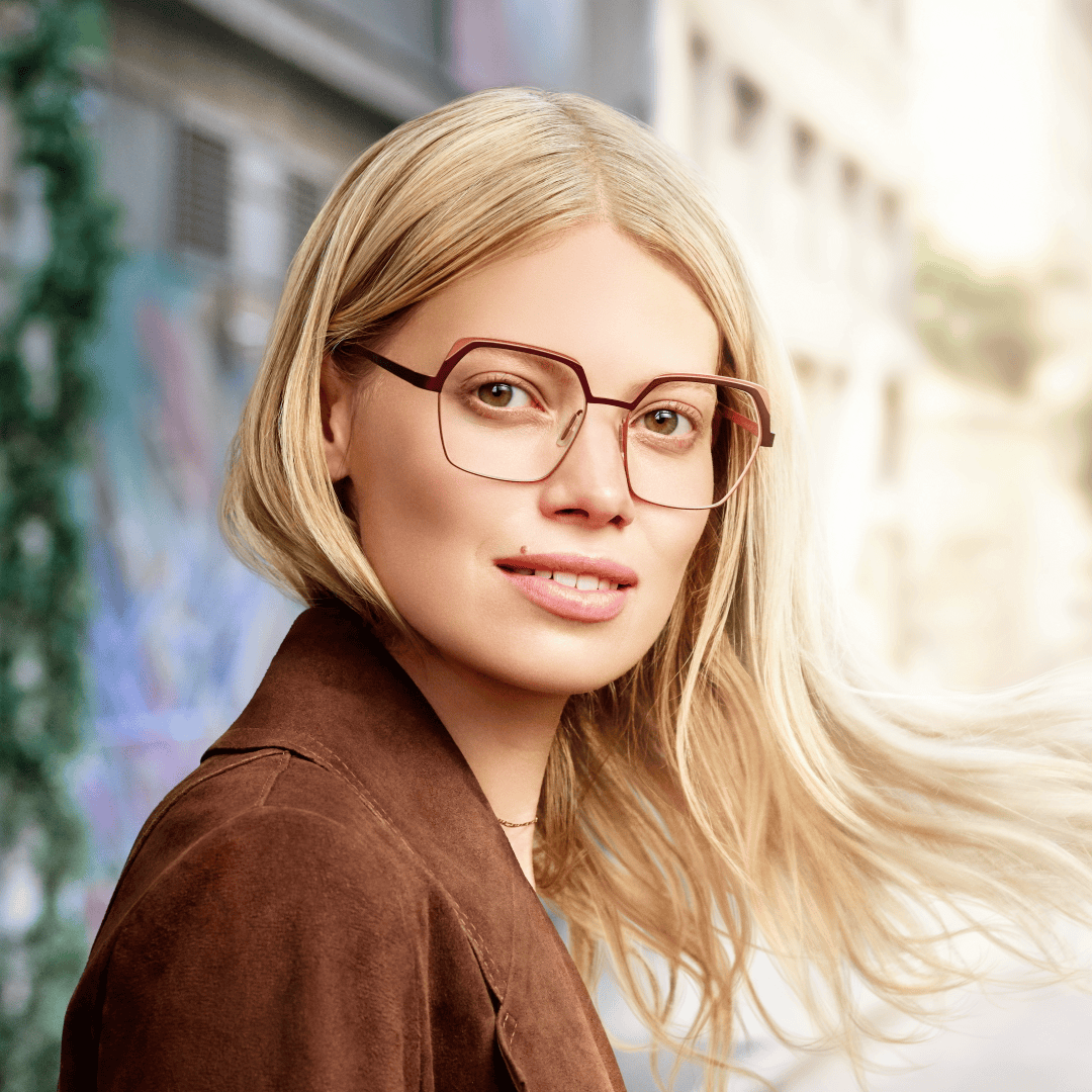 Animation of woman wearing Brown coloured Transition lenses