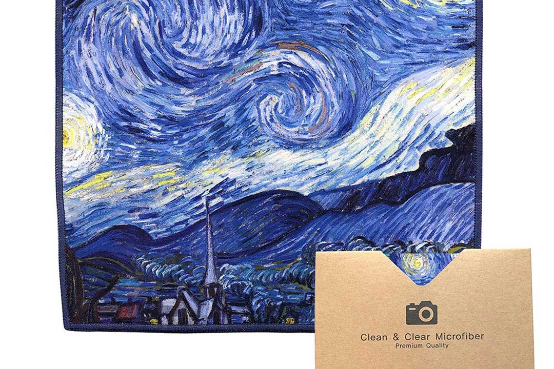 Blue coloured microfibre spectacle lens cloth with Van Gogh artwork printed on it