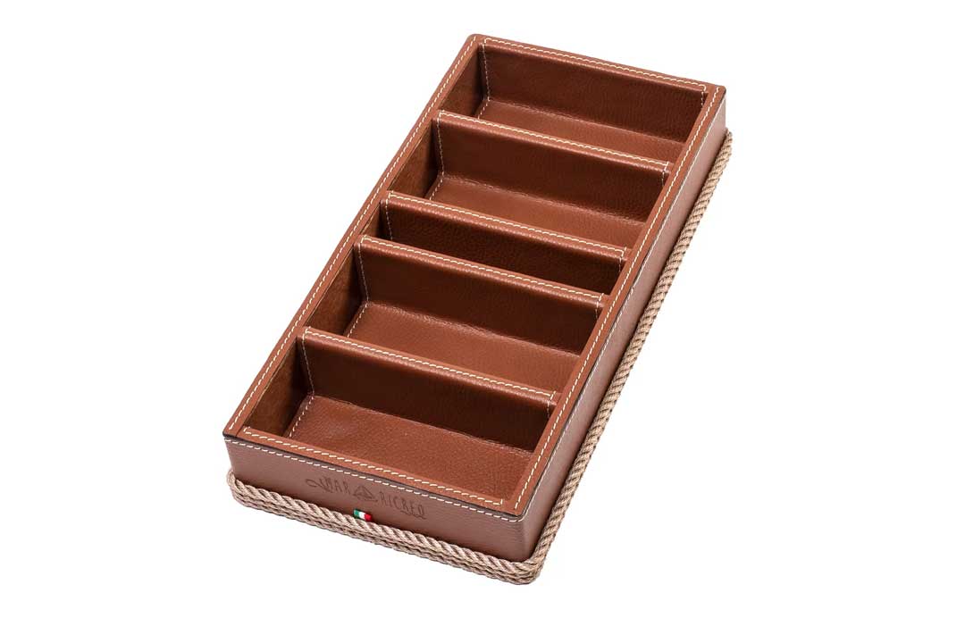 Brown leather lined sunglasses organiser tray with 5 internal compartments