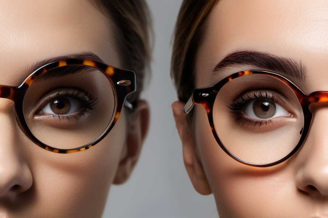 Comparison illustration of two women wearing tortoise pattern eyeglasses in relation to their eyebrows