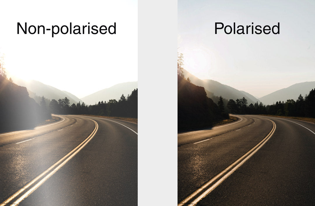 Dual comparison image of road glare looking through polarised and non polarised sunglasses