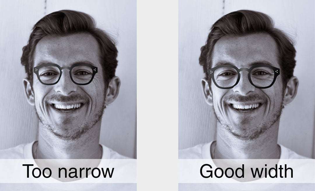 Dual comparison of man wearing glasses with different frame widths