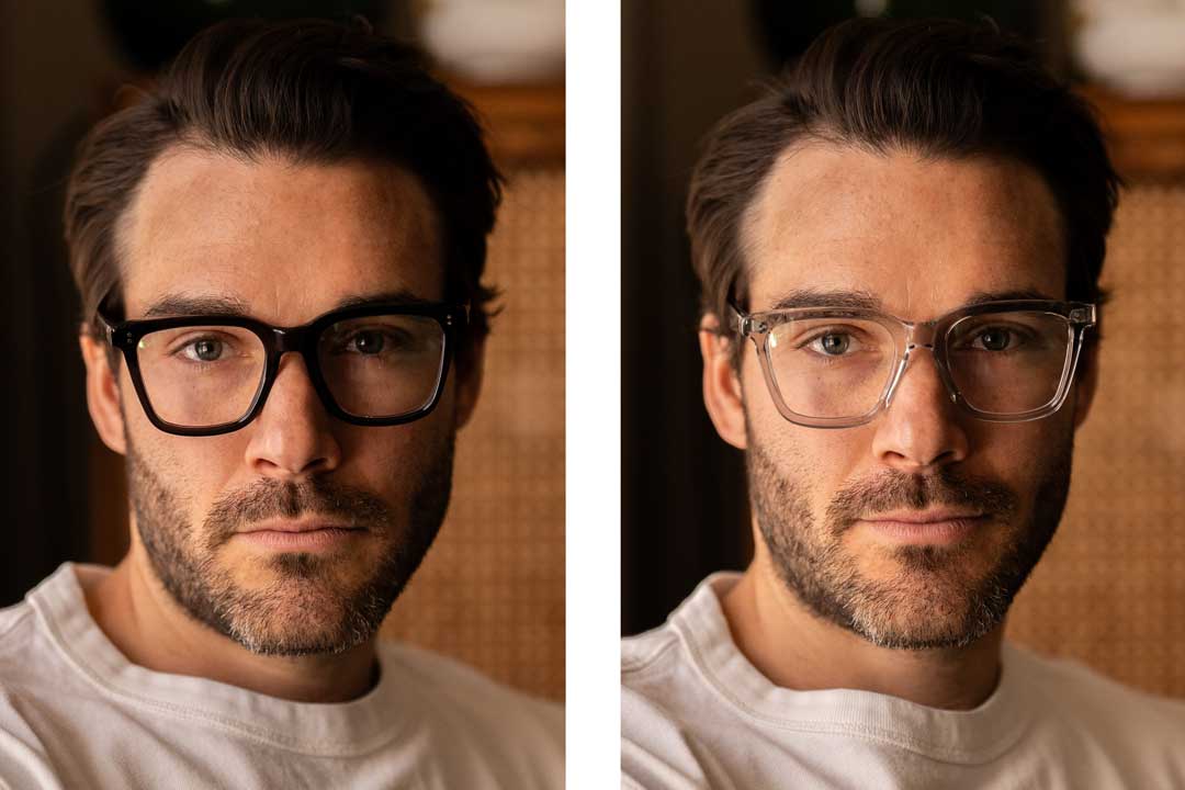 Dual comparison of man wearing black vs clear eyeglasses