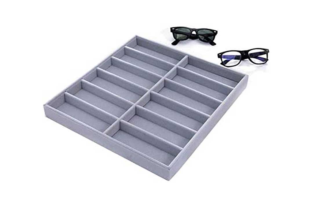 Grey coloured sunglasses organiser tray with 12 slots