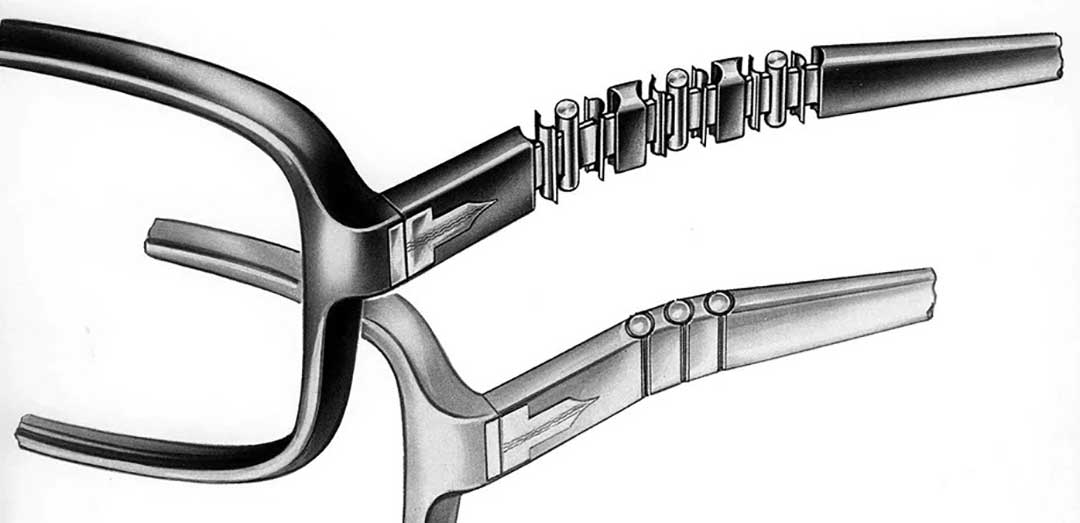 Greyscale drawing of Persol Meflecto system within a pair of sunglasses