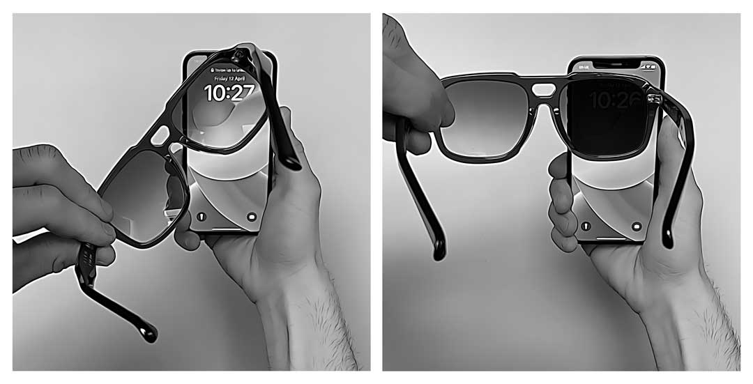 Illustration of person holding sunglasses frame in front of iPhone screen to check if the lenses are polarised