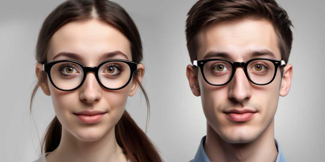 Illustration of woman and man with big noses wearing thick eyeglasses frames