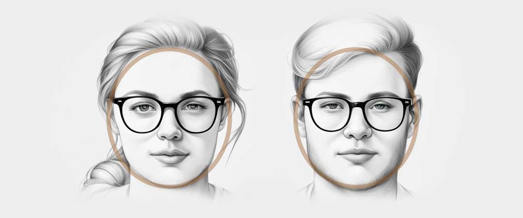 Illustration of woman and man with round shaped faces both wearing spectacles