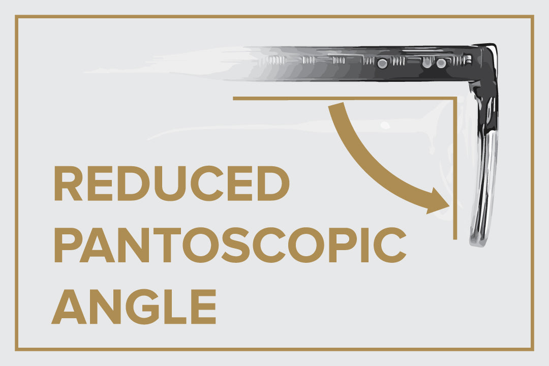 Illustration side view of a sunglasses frame with a reduced Pantoscopic angle suited for an Asian fit