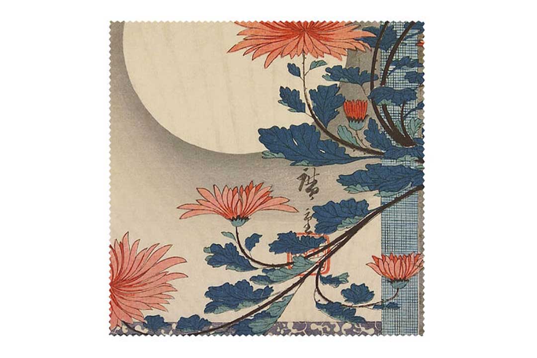 Japanese flower artwork printed on luxury glasses lens cloth for the V&A museum