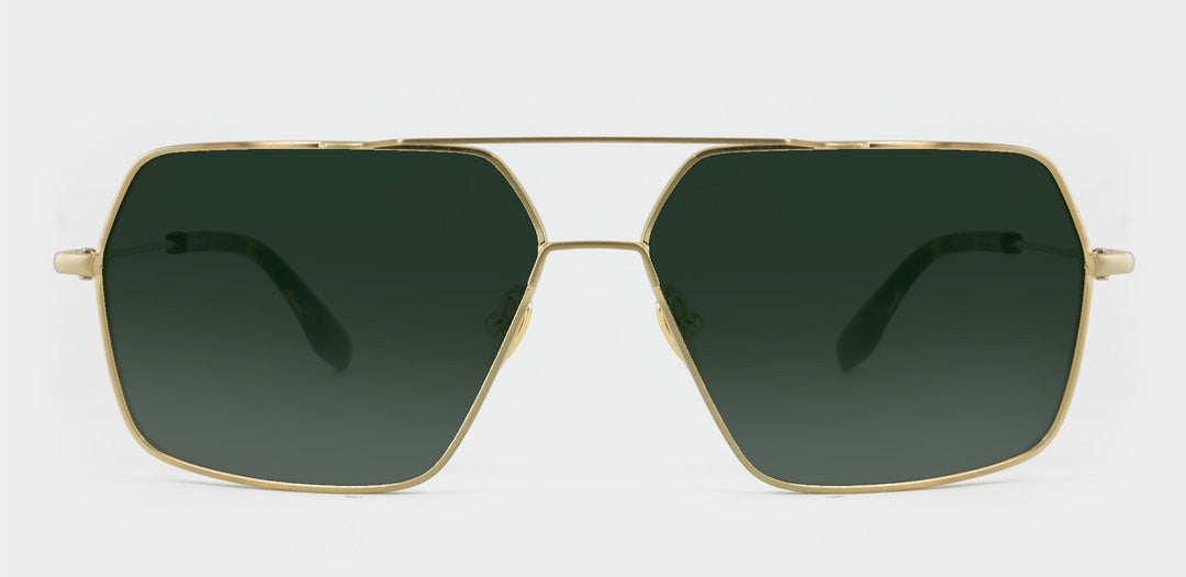 Large square wire frame sunglasses with green polarised lenses