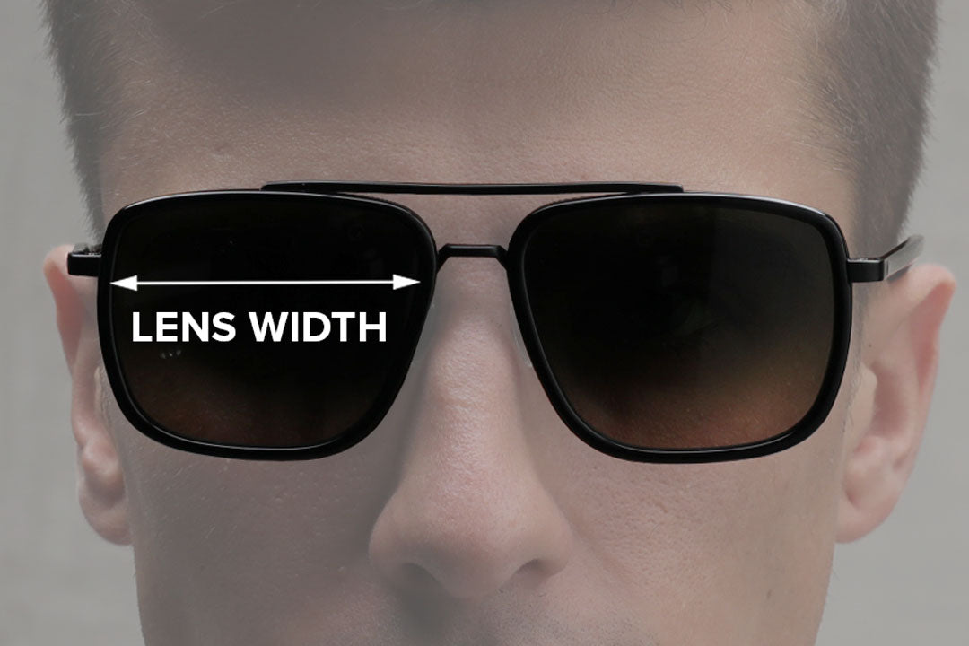 Man wearing Aviator sunglasses with white arrow diagram across one lens