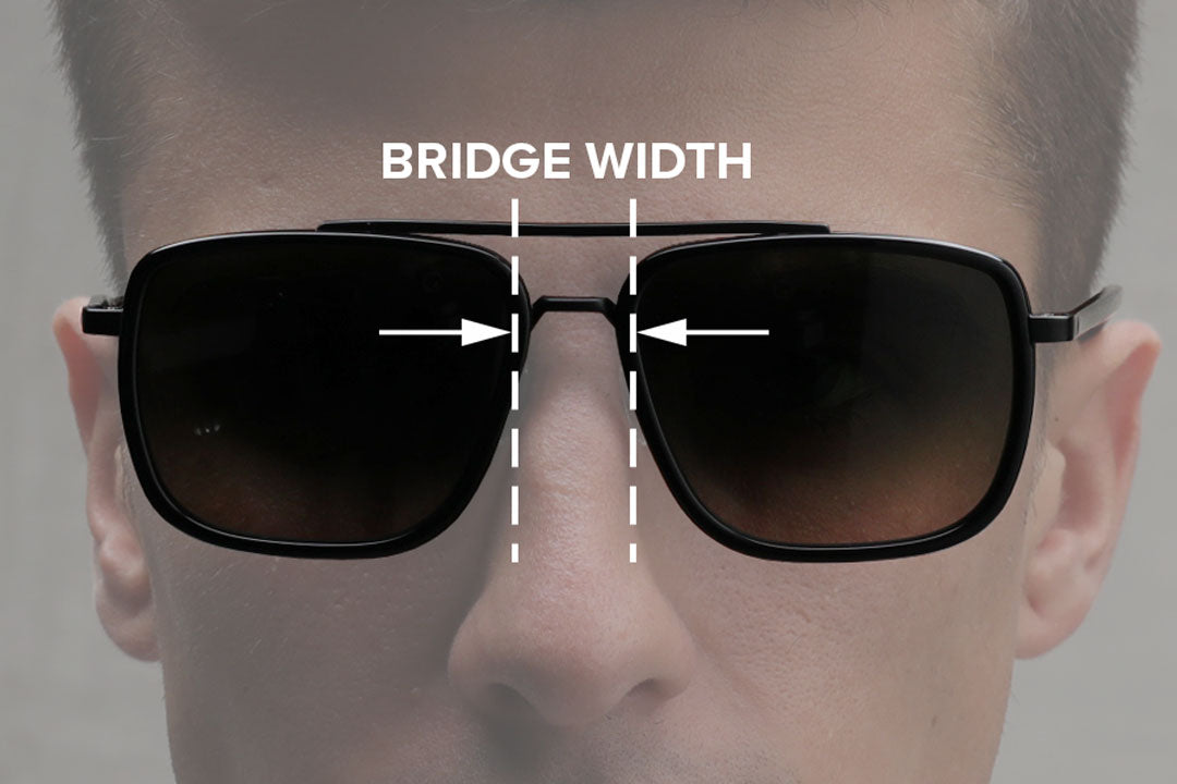 Man wearing Aviator sunglasses with white arrow diagram across the nose bridge