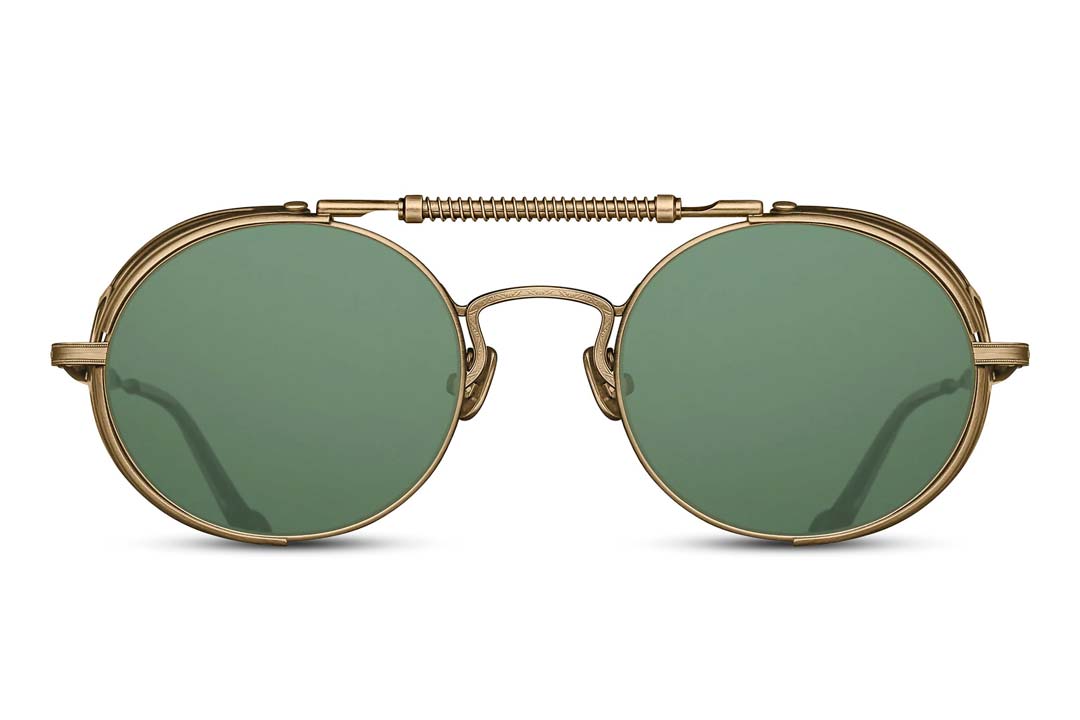 Matsuda round gold wire sunglasses frame with green tinted lenses