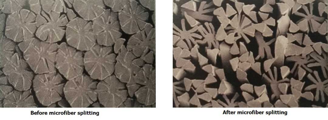 Microscopic view of microfibre cloth strand ends before and after splitting