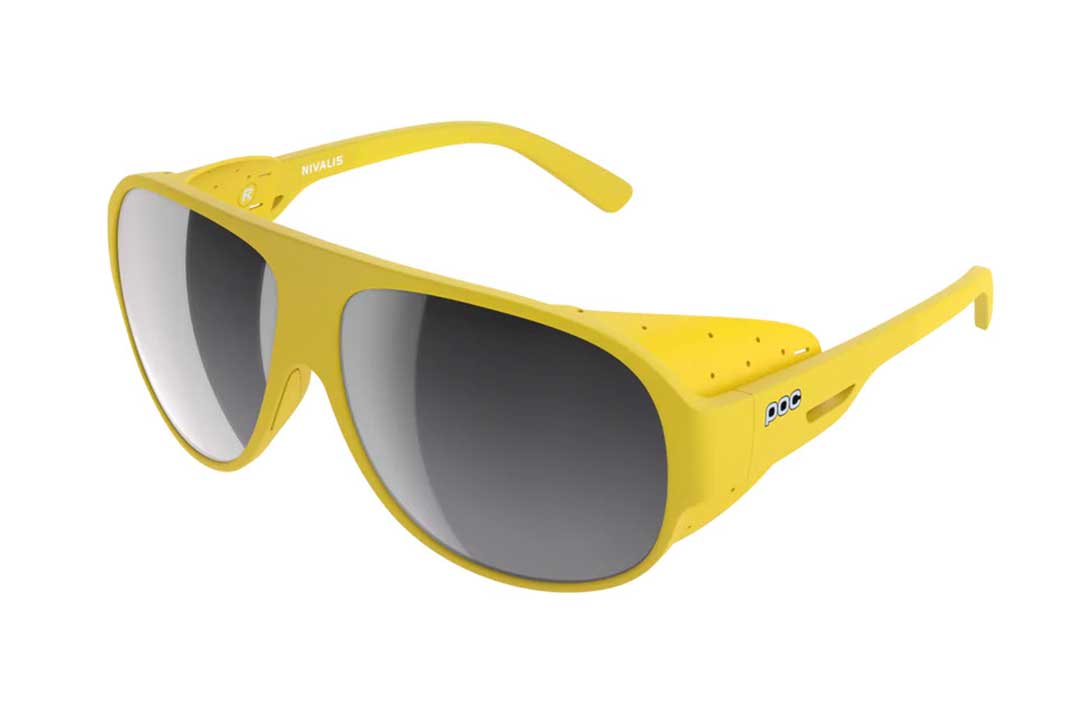 Side view of yellow Poc Nivalis side shield sunglasses frame with dark grey tinted sun lenses