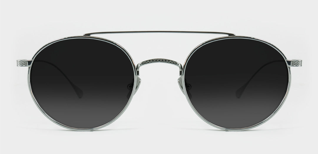 Silver round Japanese sunglasses with dark grey polarised lenses