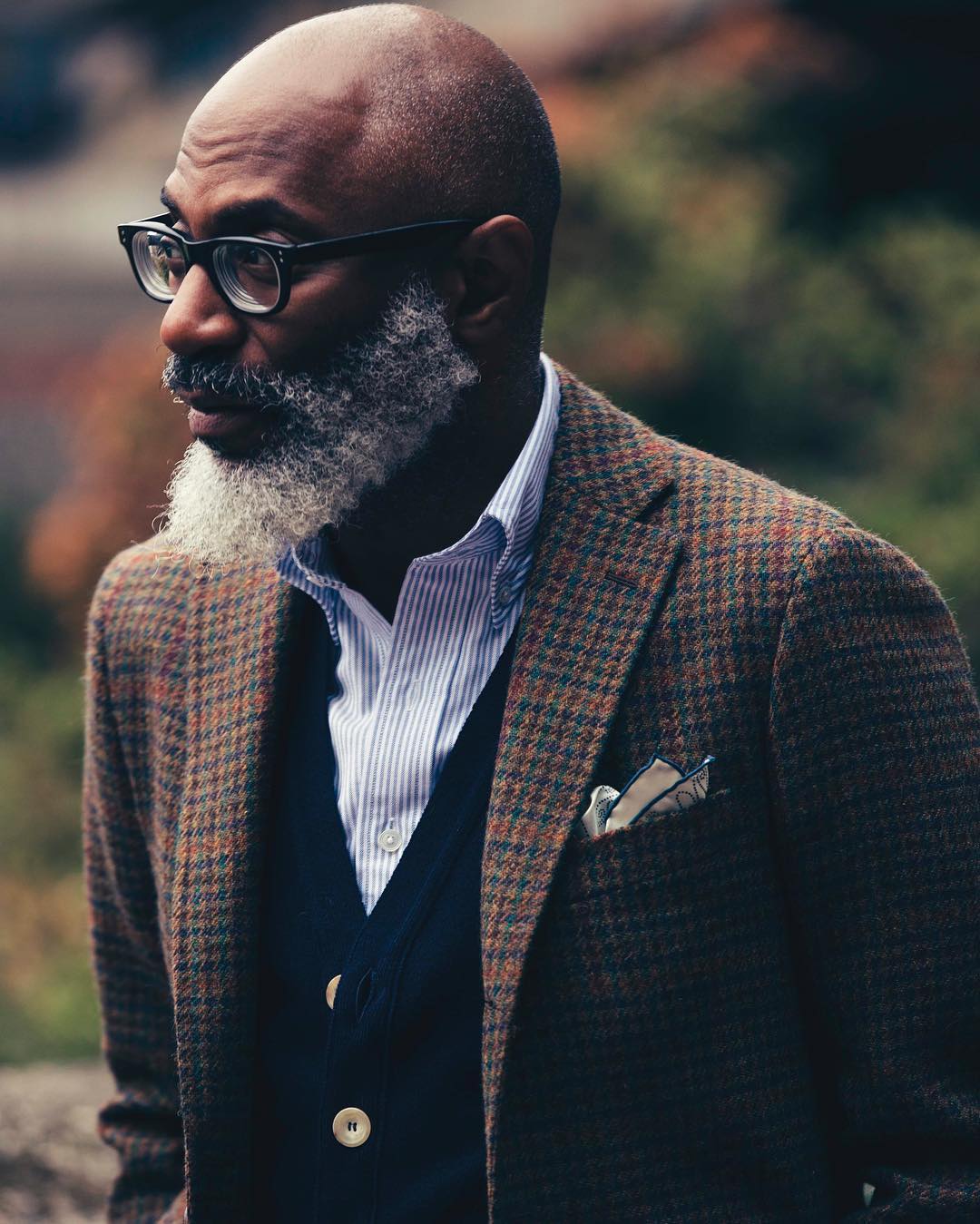 Smart dressed african man with grey beard dark glasses tweed jacket and light shirt side on to viewer