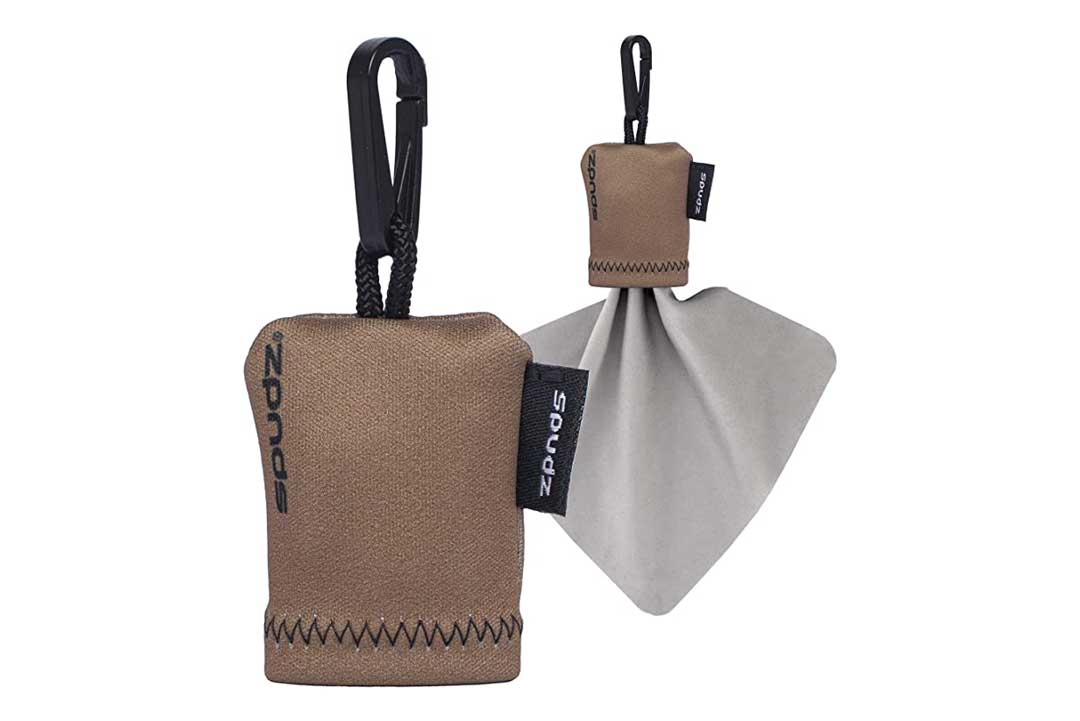 Soft brown pouch containing a grey lens cleaning cloth inside