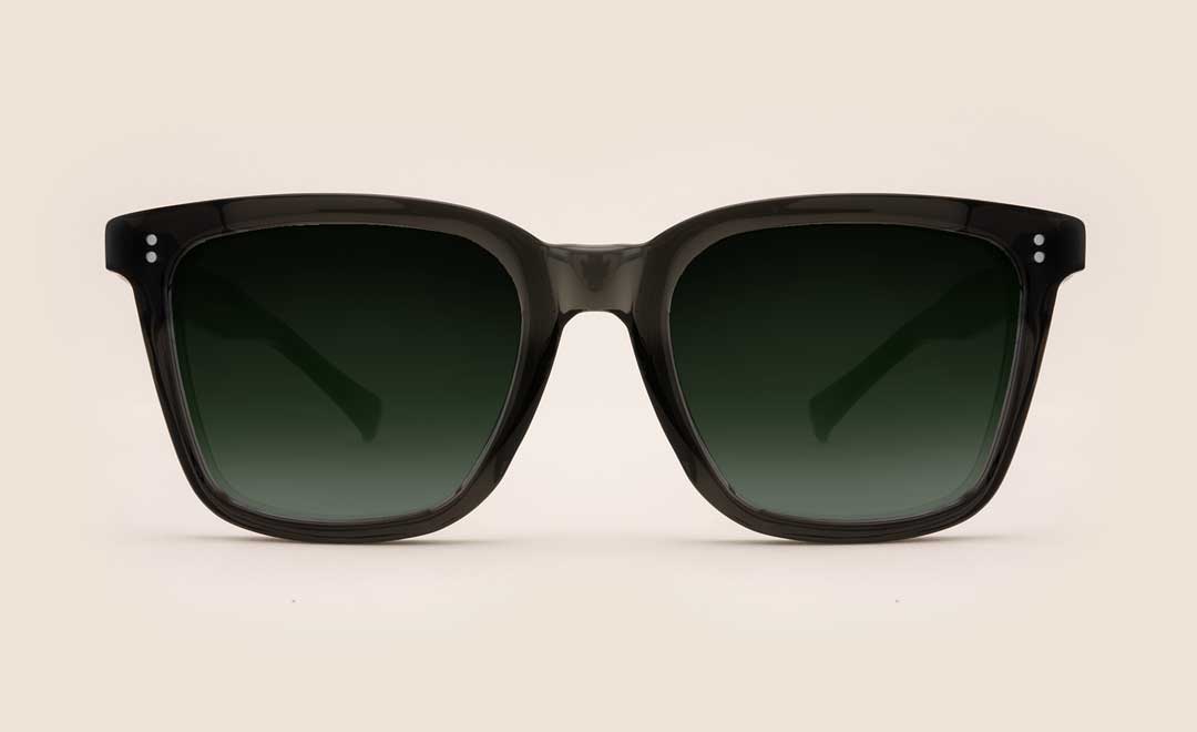 Square black sunglasses frame with green coloured sun lenses