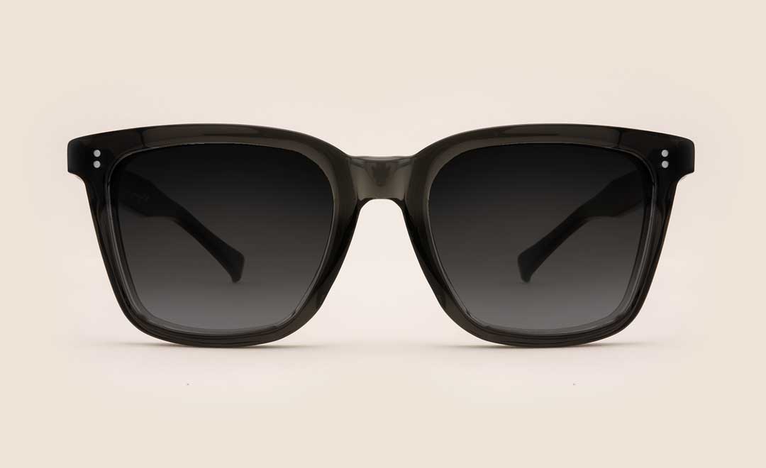Square black sunglasses frame with grey coloured sun lenses