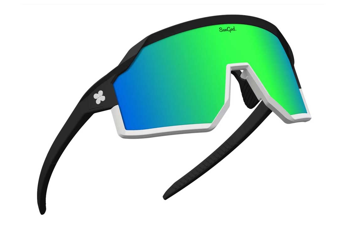 Three quarter view of SunGod Vulcans skiing sunglasses with green tinted visor lens