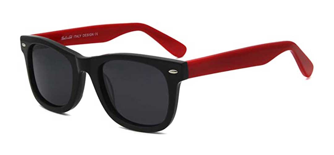 Three quarter view of black sunglasses frame with red temple arms