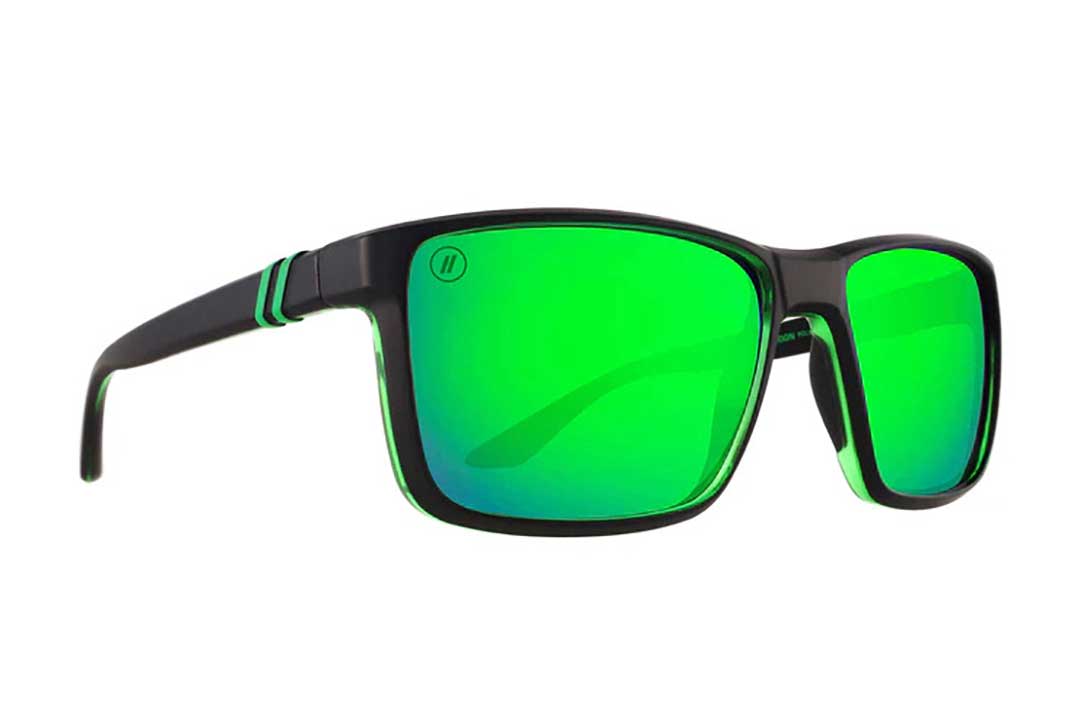 Three quarter view of rectangular black skiing sunglasses with green mirror sun lenses