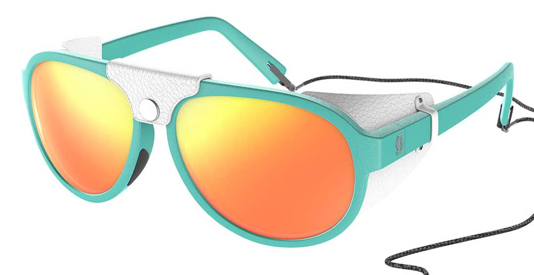 Three quarter view of teal coloured side shield sunglasses frame with white leather side shields and orange tinted lenses