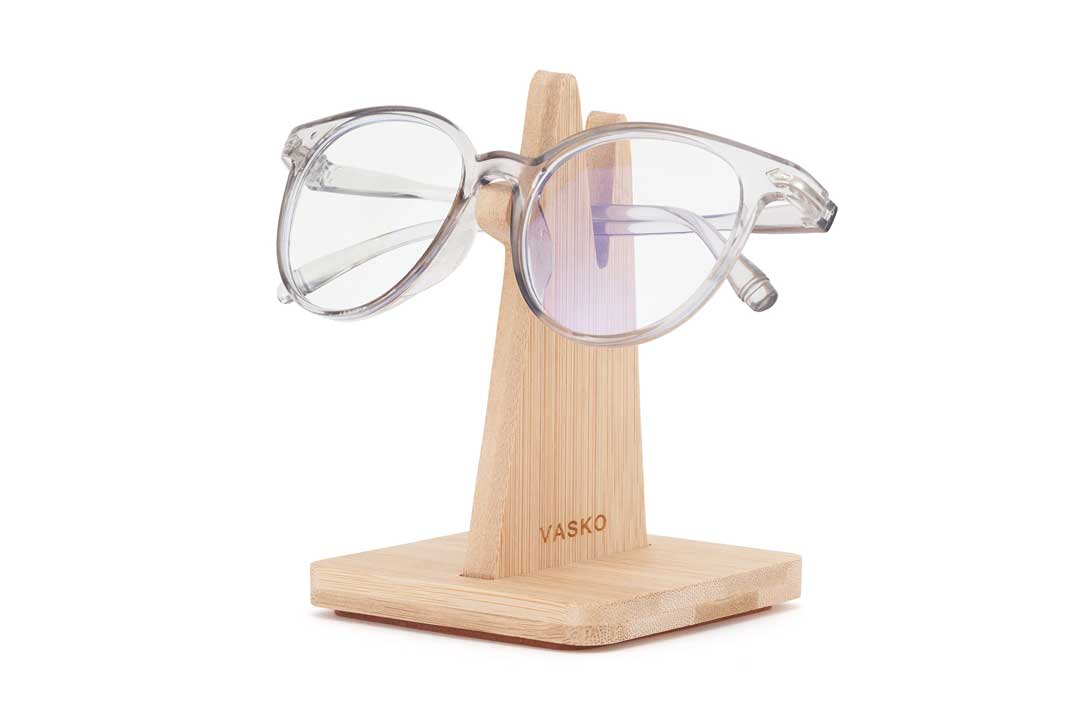 Three quarter view of wooden spectacle holder stand for glasses