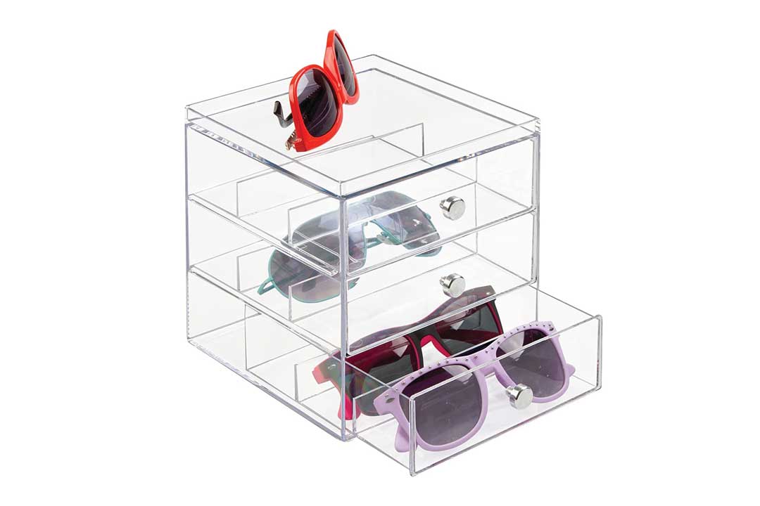 Transparent sunglasses organiser box with three clear plastic shelves