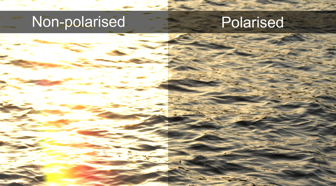 Visual comparison of water glare looking through polarised sunglasses and non polarised sunglasses