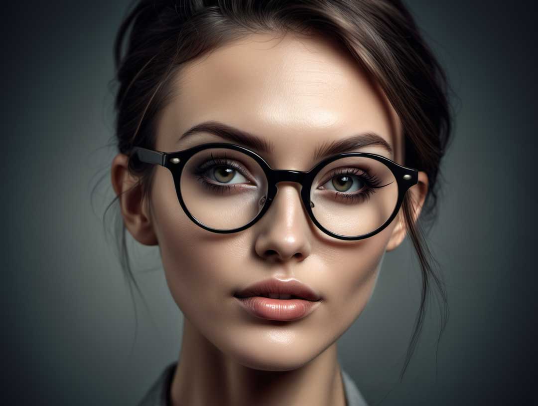 Woman with diamond face shape wearing round black eyeglasses