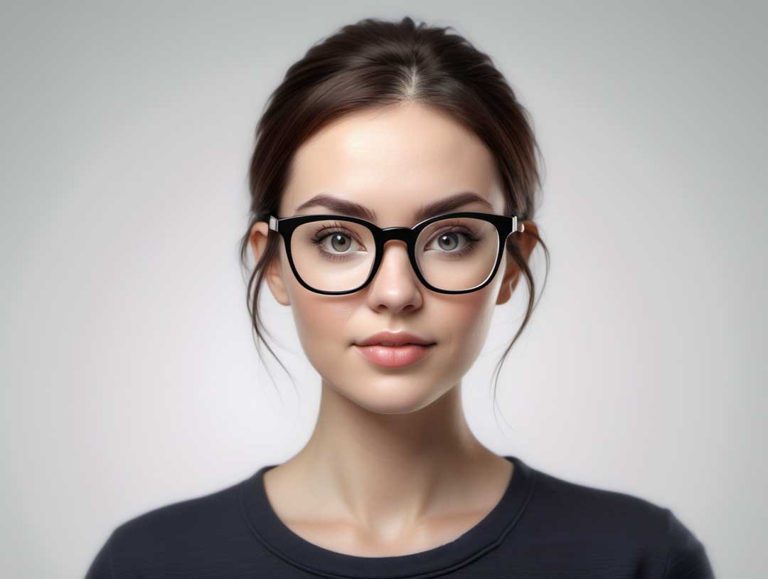 Woman with soft round face wearing square eyeglasses frame
