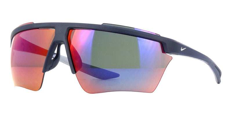 Three quarter view of dark grey Nike Windshield Pro sunglasses frame with purple tinted lenses