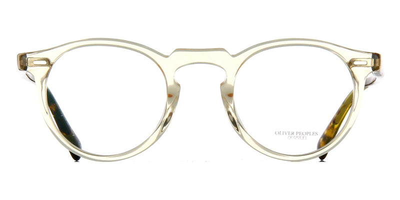 Front view of yellow transparent eyeglasses frame