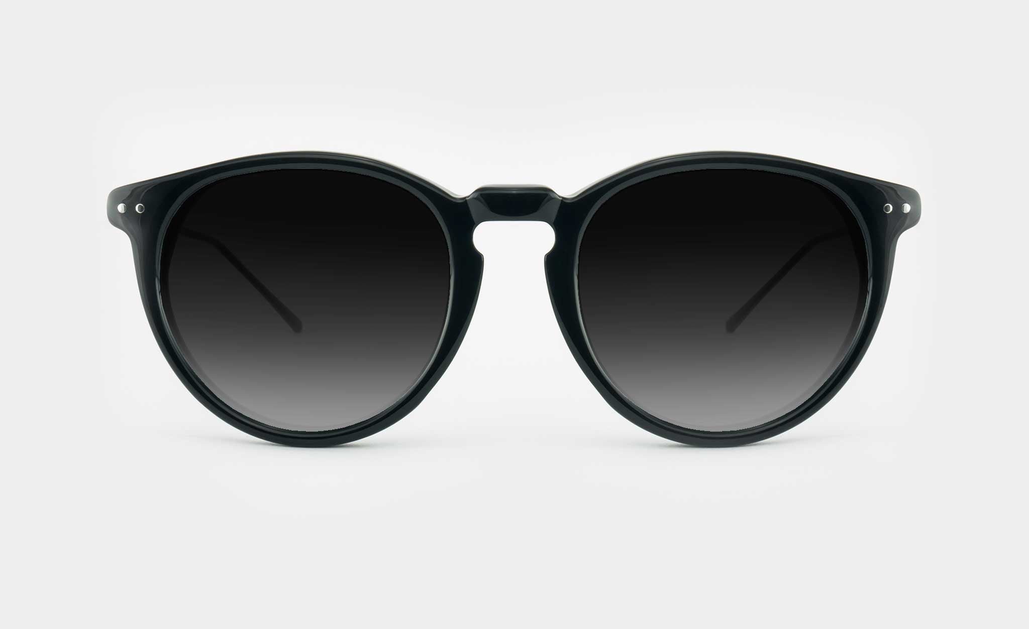 Round black sunglasses frame with grey tinted lenses