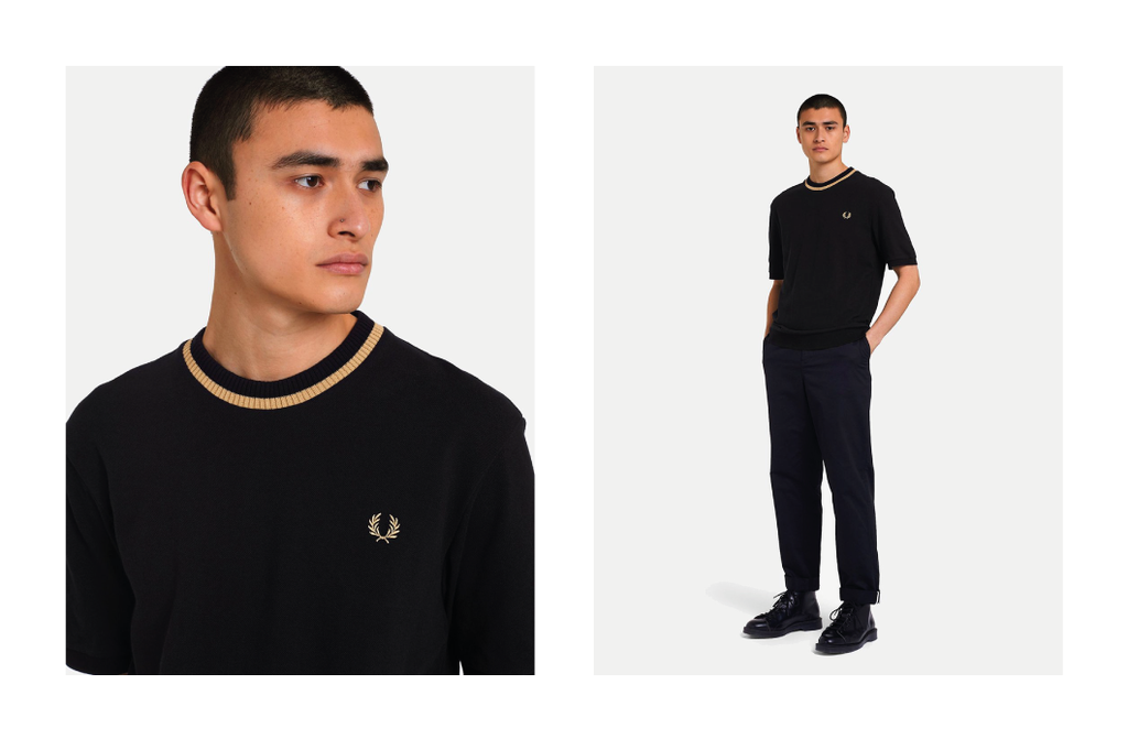 Fred Perry Reissues Crew Neck Pique T-Shirt (Made in England) - Black/Champagne