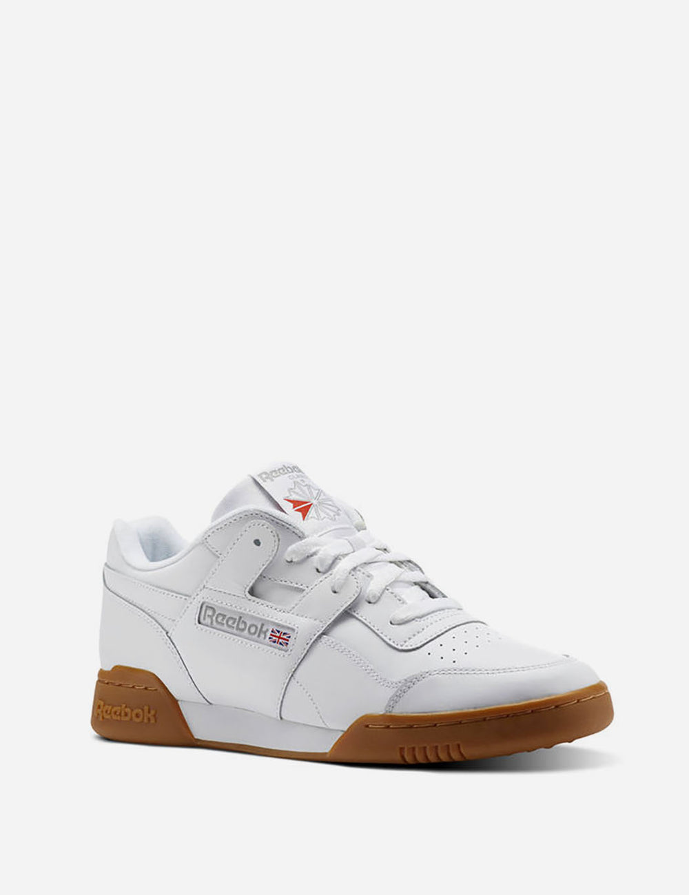 reebok workout plus white sneakers with gum sole