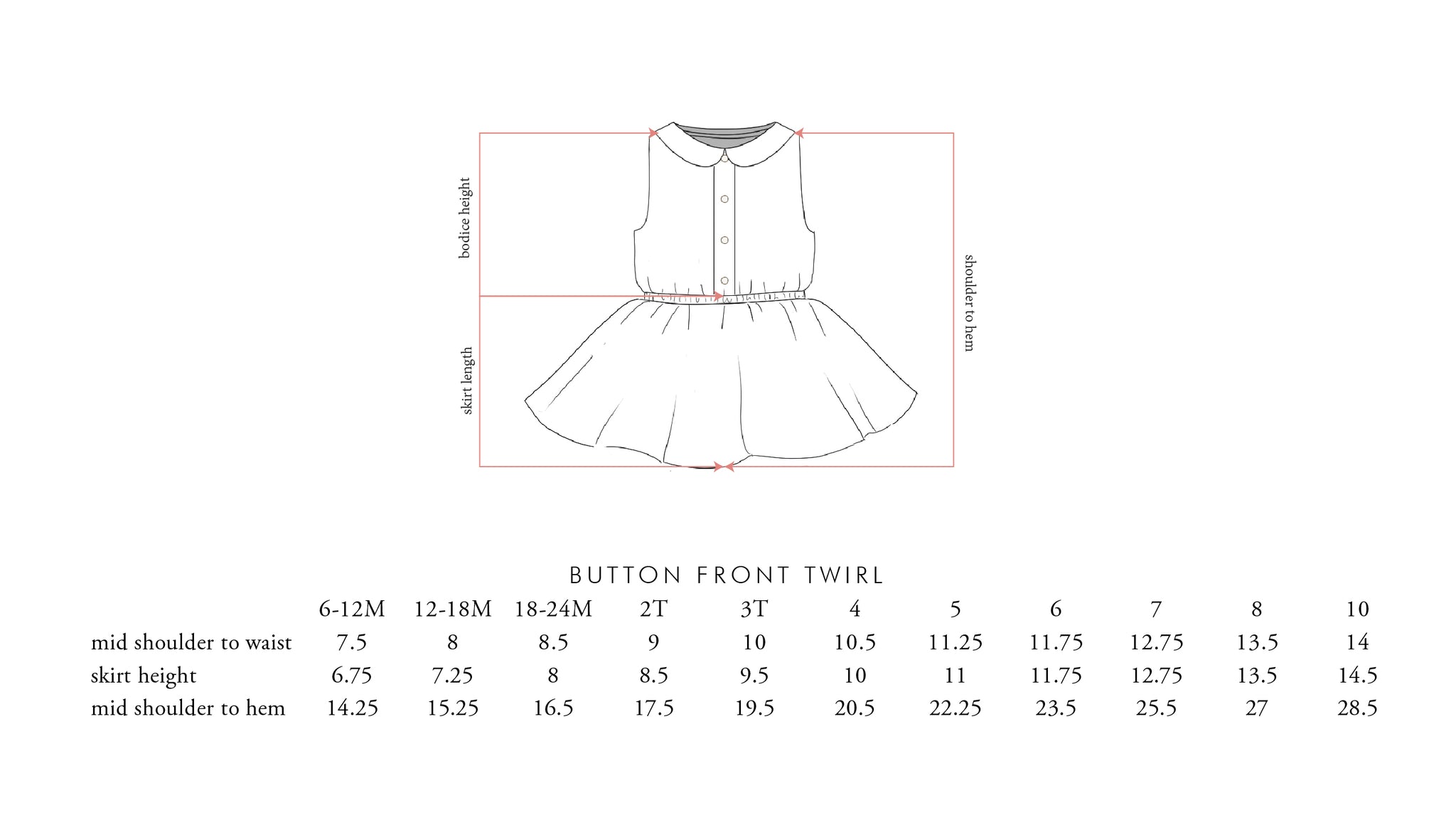 button front twirl size chart