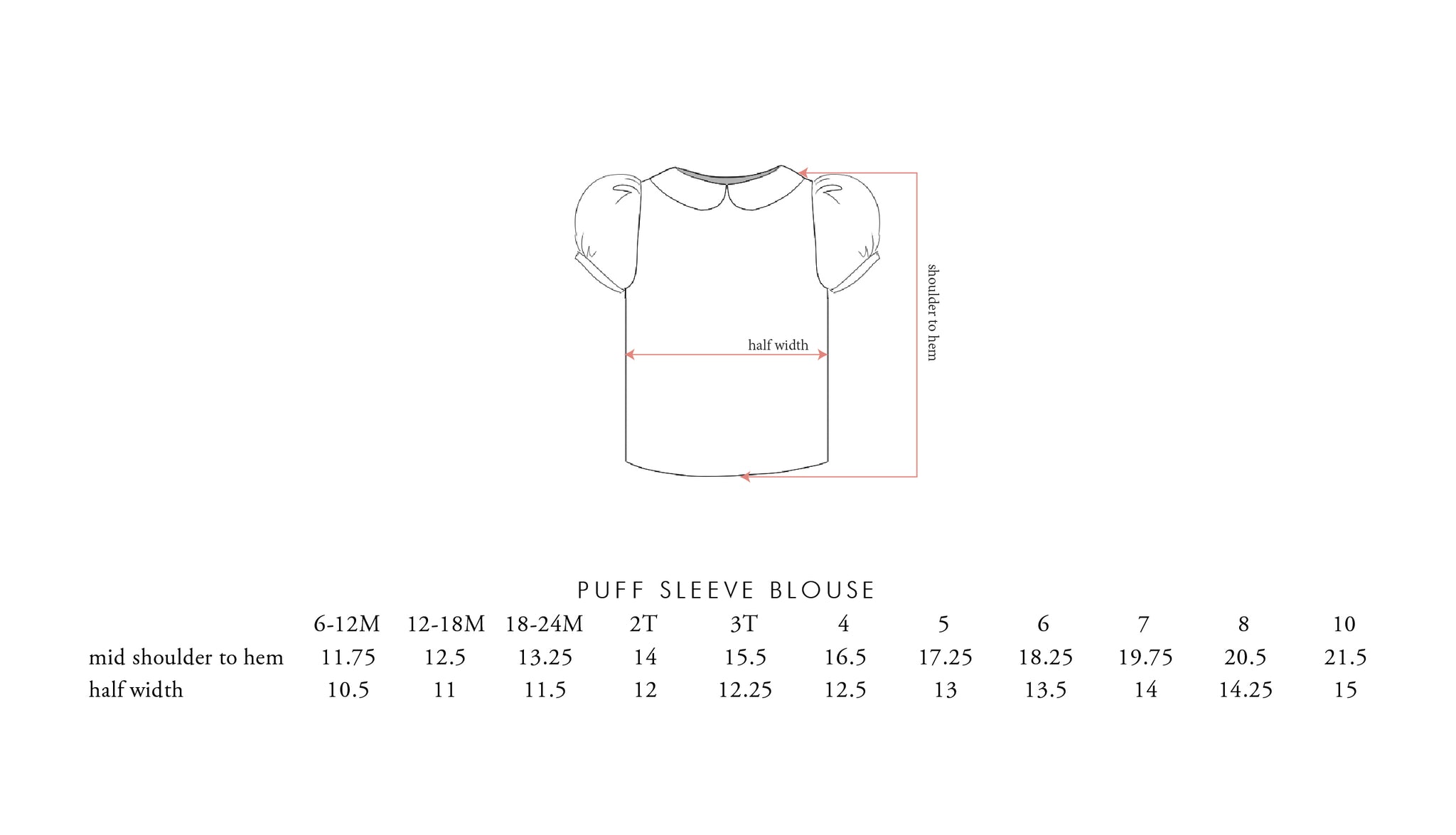 puff sleeve size chart