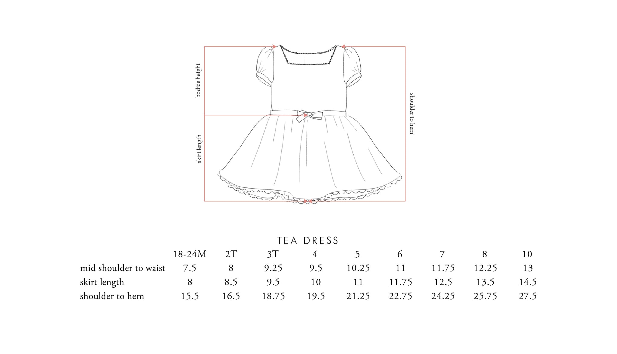 tea dress size chart