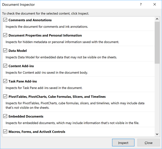 where is the document inspector in excel