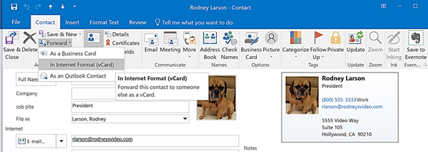 edit microsoft outlook business card