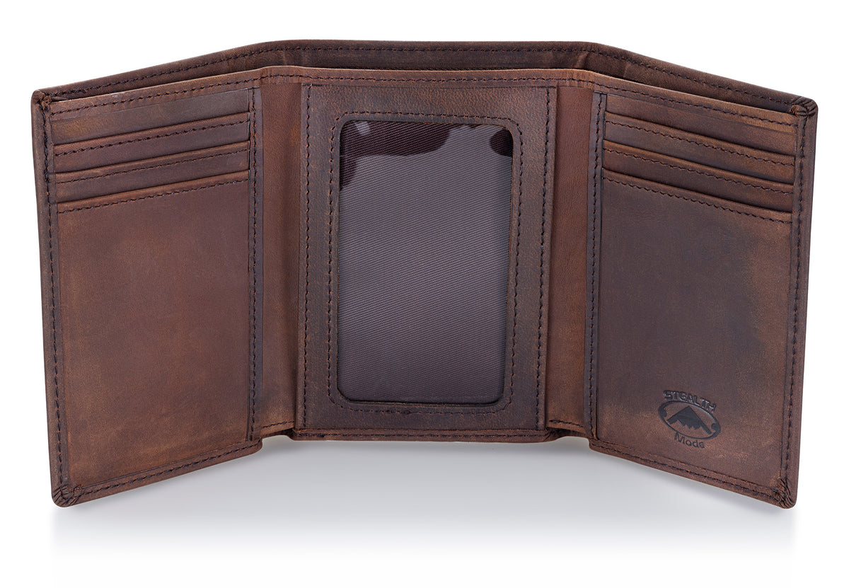 Brown Trifold Leather Wallet With RFID Blocking and ID Window - Stealth ...